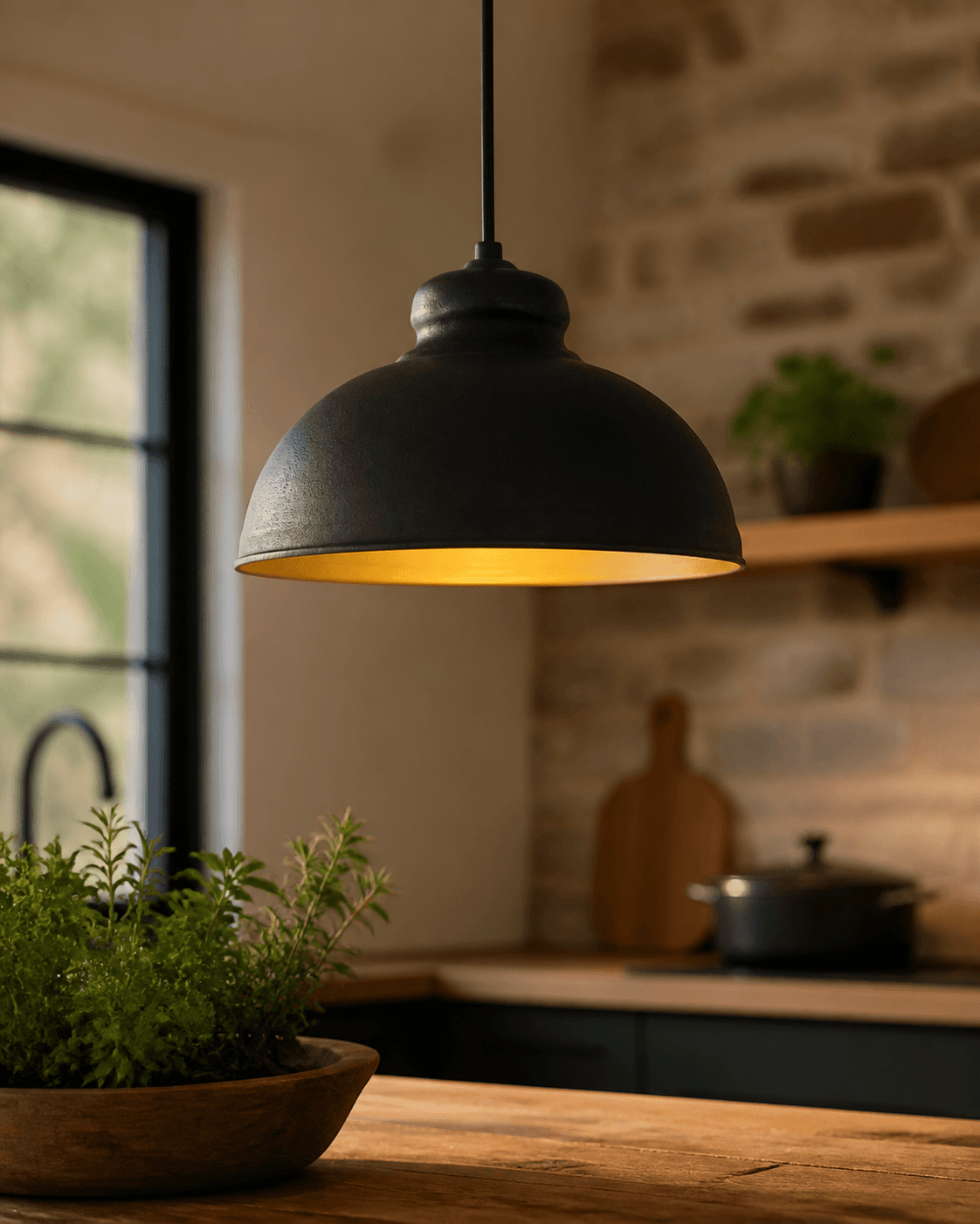Rustic Industrial Black and Gold Dome Pendant