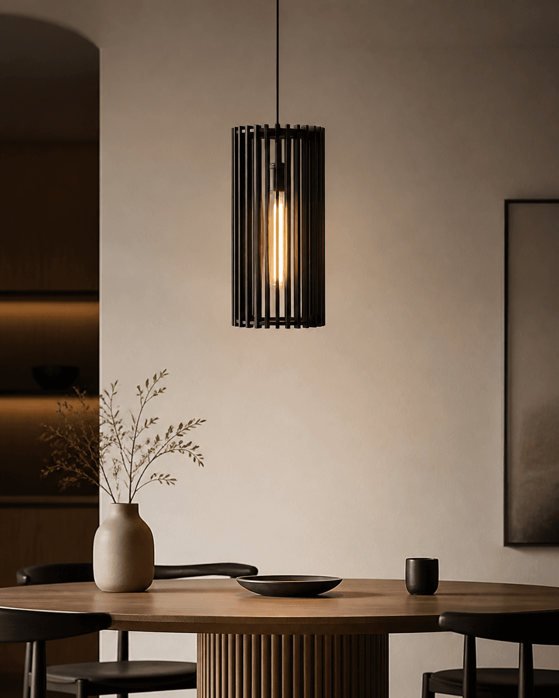 Black Cylindrical Cage Pendant Light