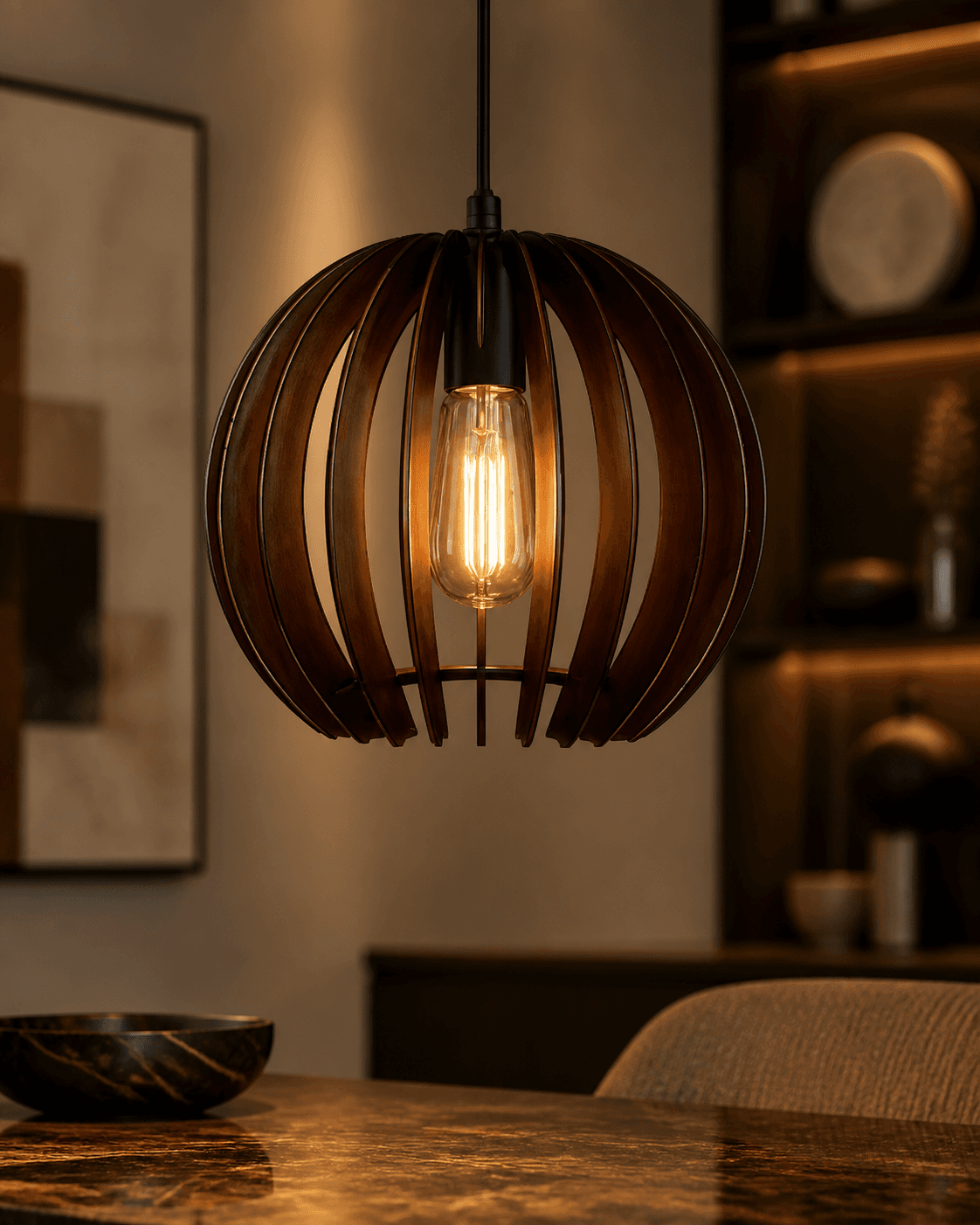 Spherical Wood Pendant Light
