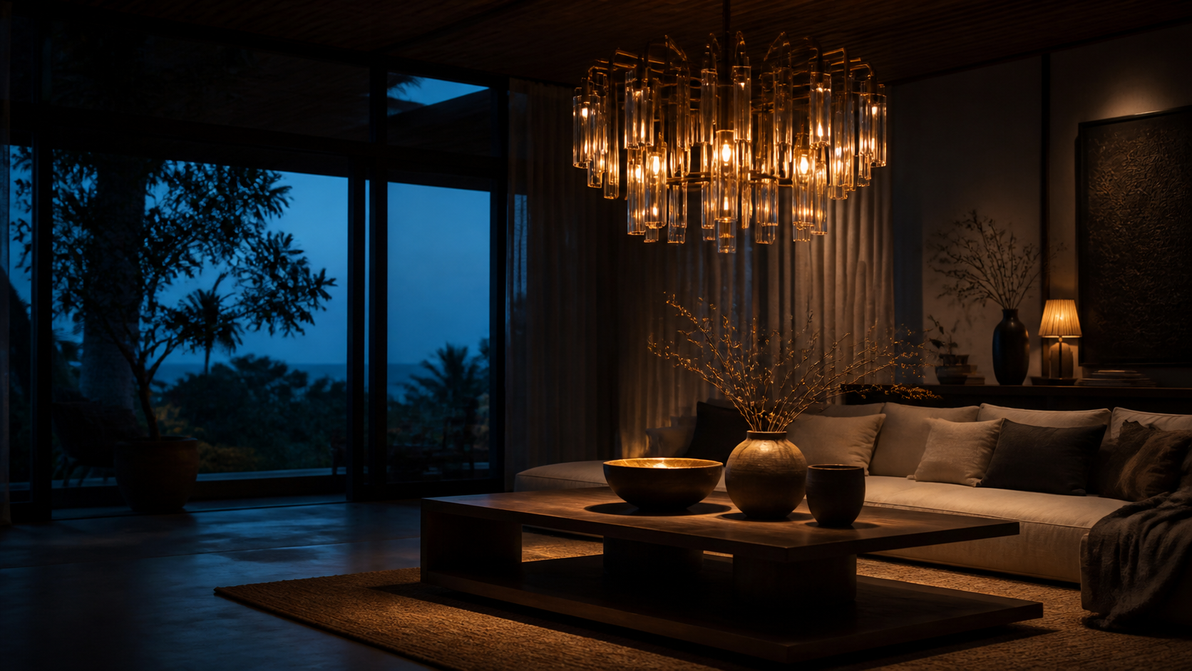 Warmly illuminated Domax living space at dusk