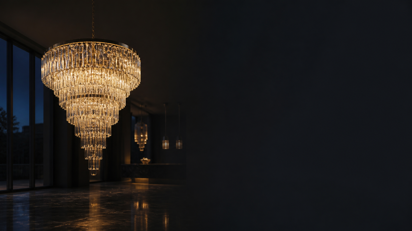 Domax Trading showroom lined with crystal chandeliers and pendant lights