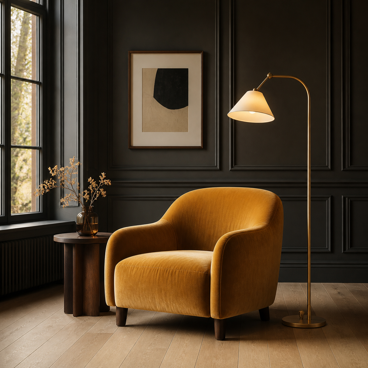 A reading corner with a brass floor lamp