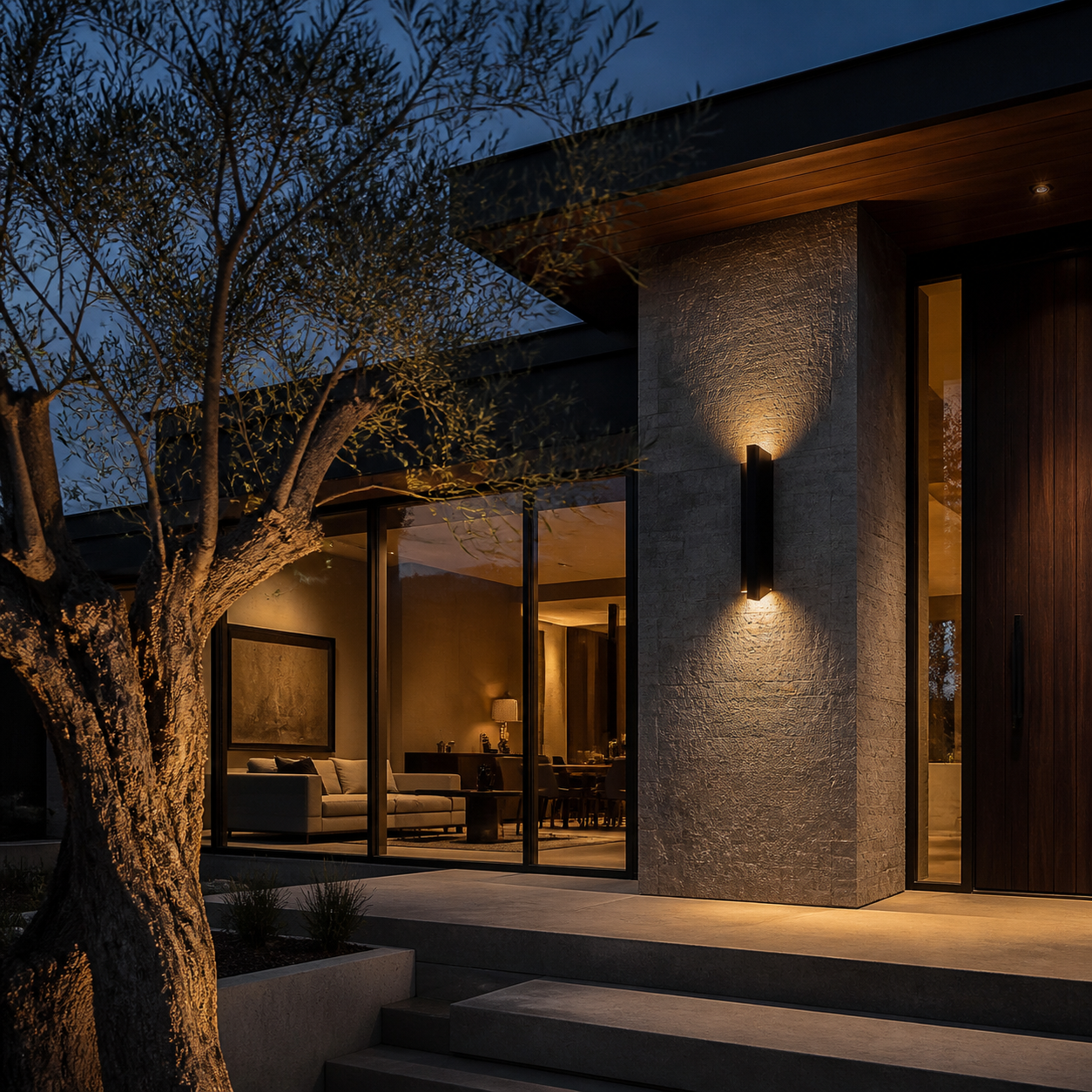 An exterior at dusk with garden lighting