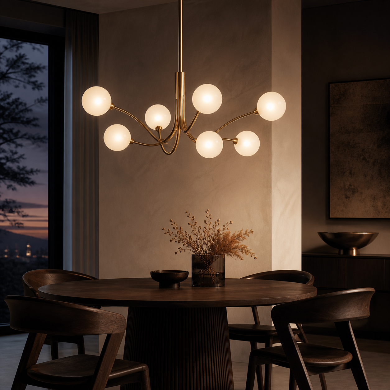 A dining table beneath a linear pendant